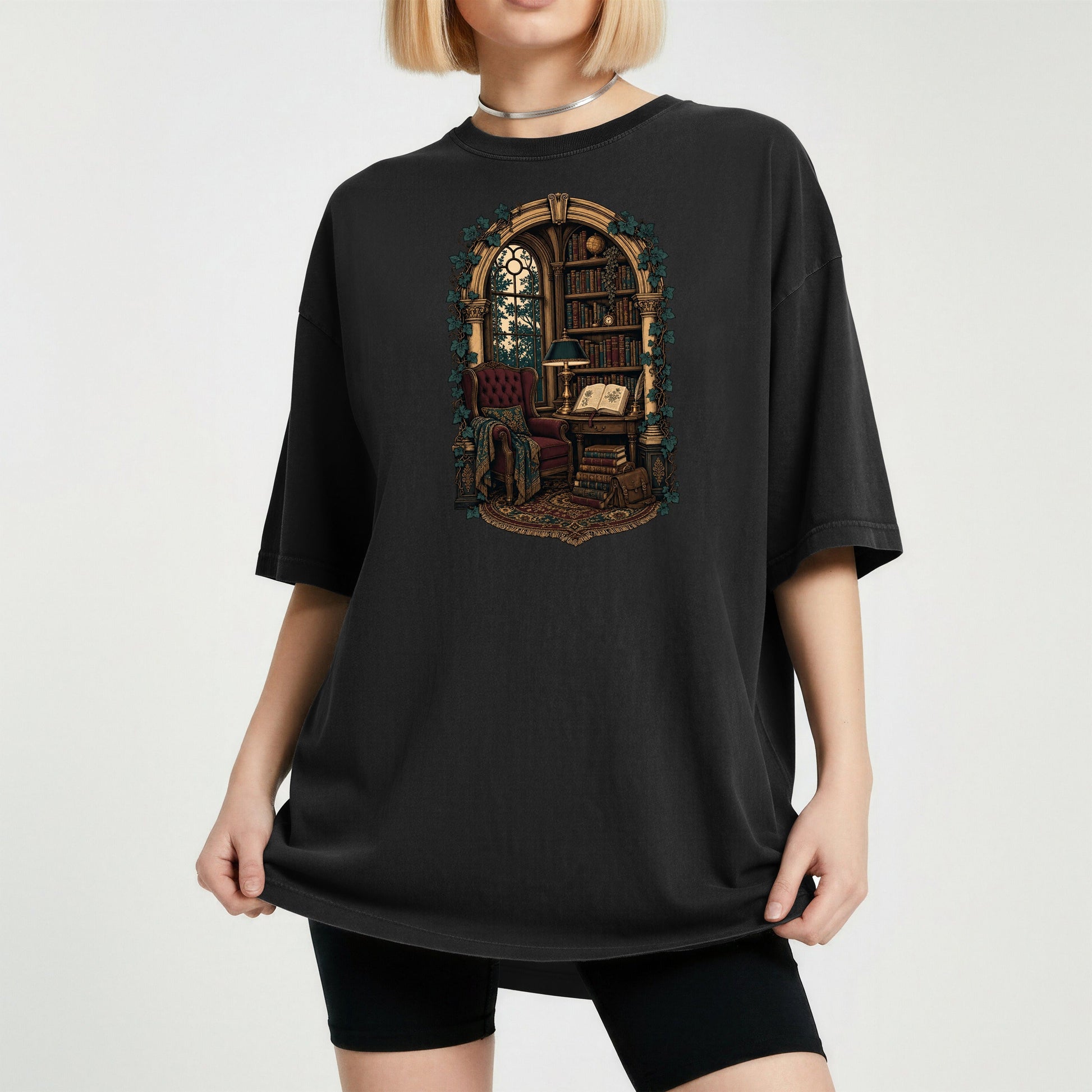 The Reading Room bookish tee in Black, worn
