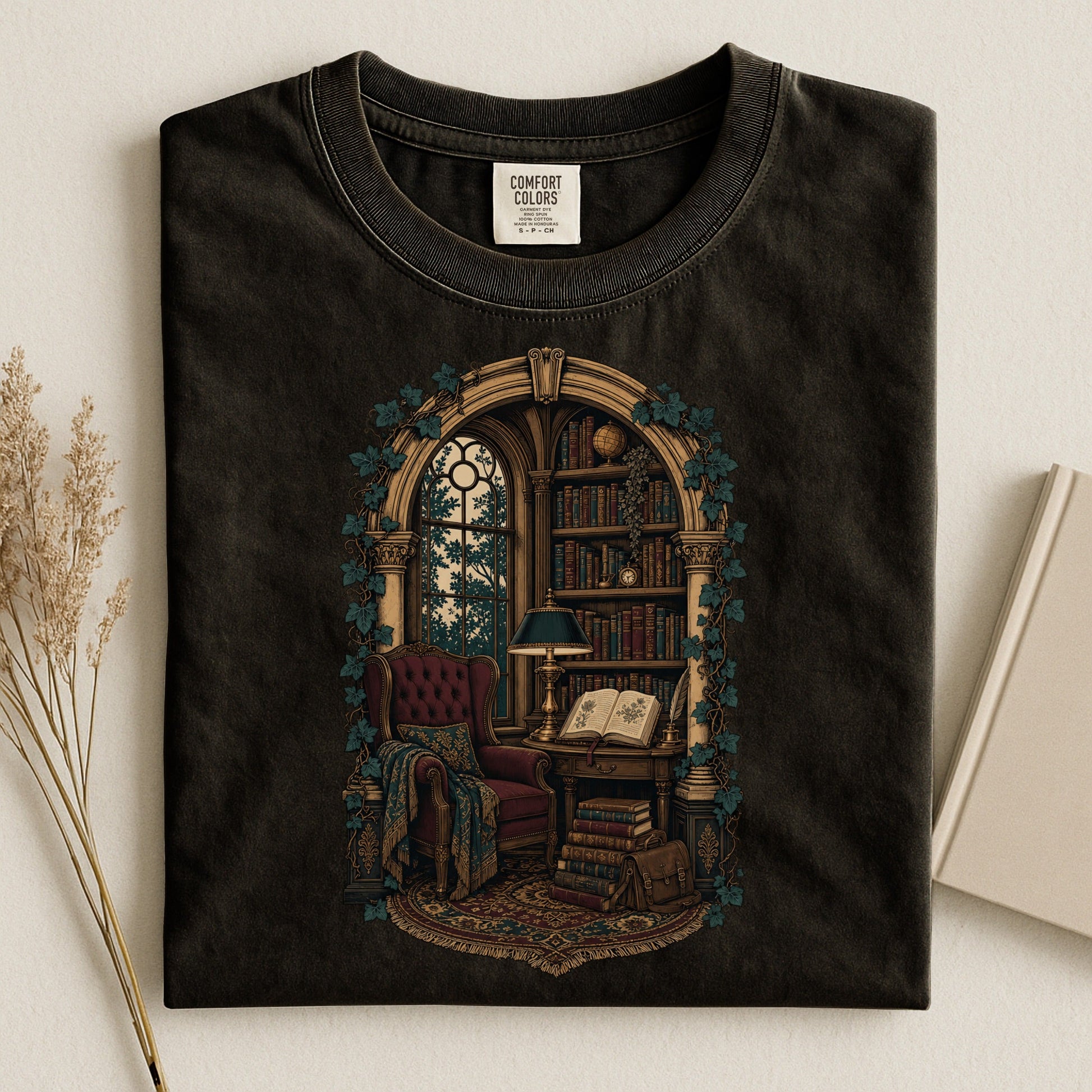 The Reading Room bookish tee in Black, flat lay