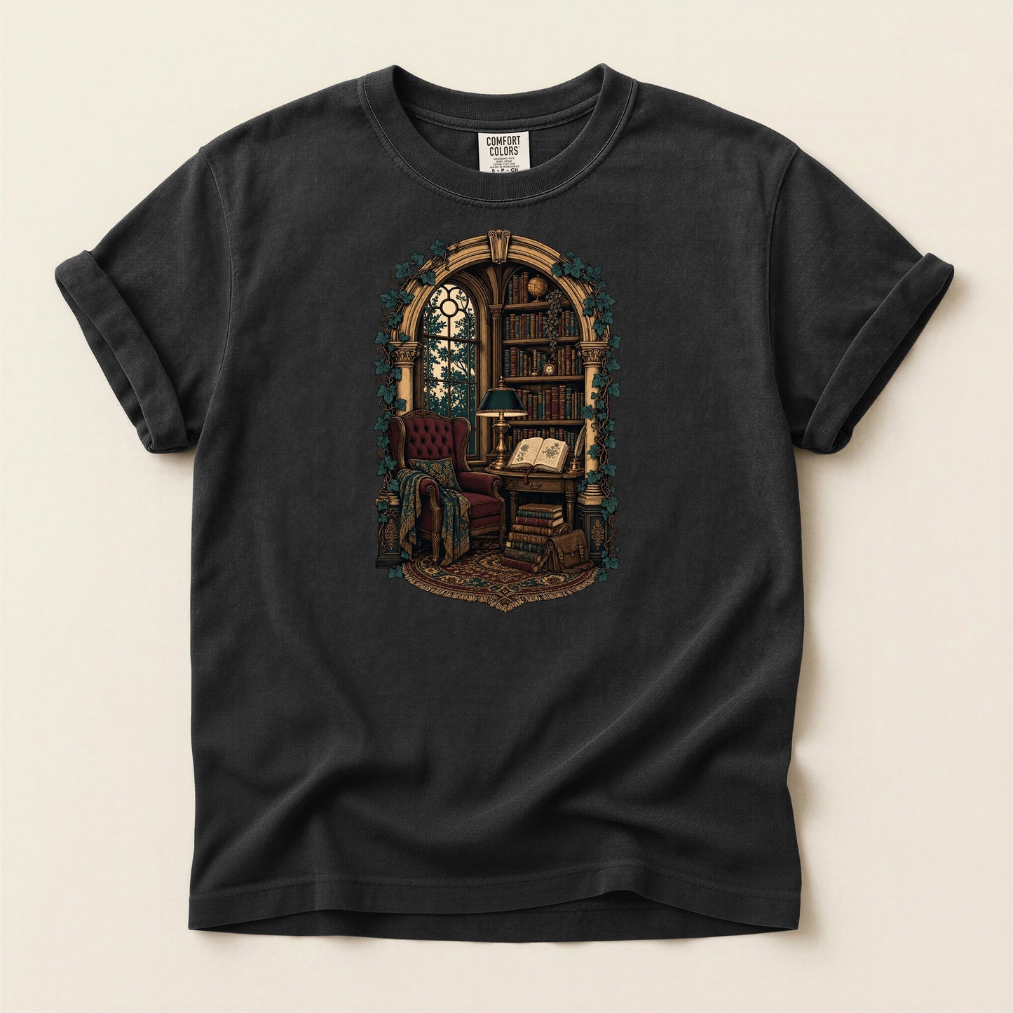 The Reading Room bookish tee in Black, full flat