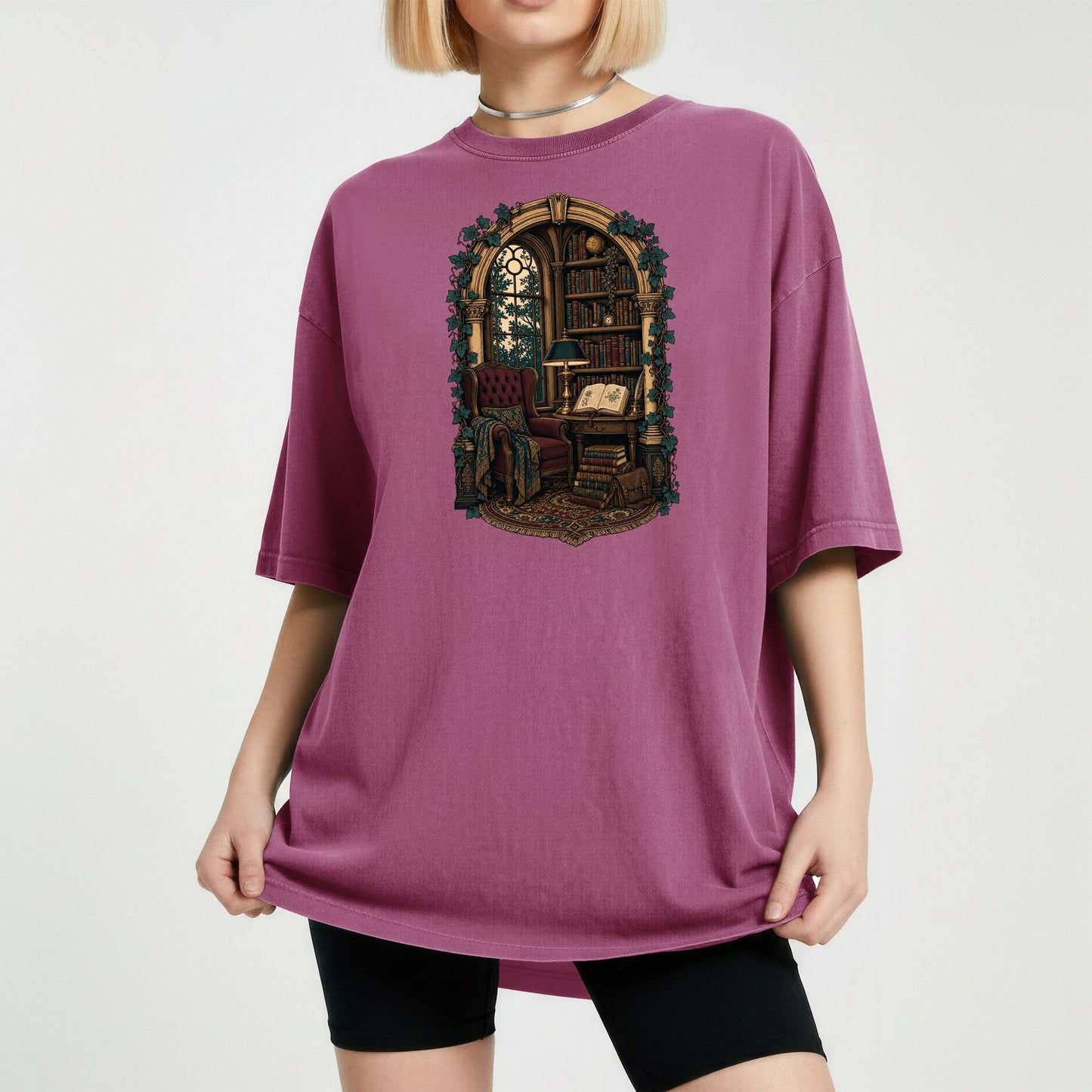 The Reading Room bookish tee in Berry, worn