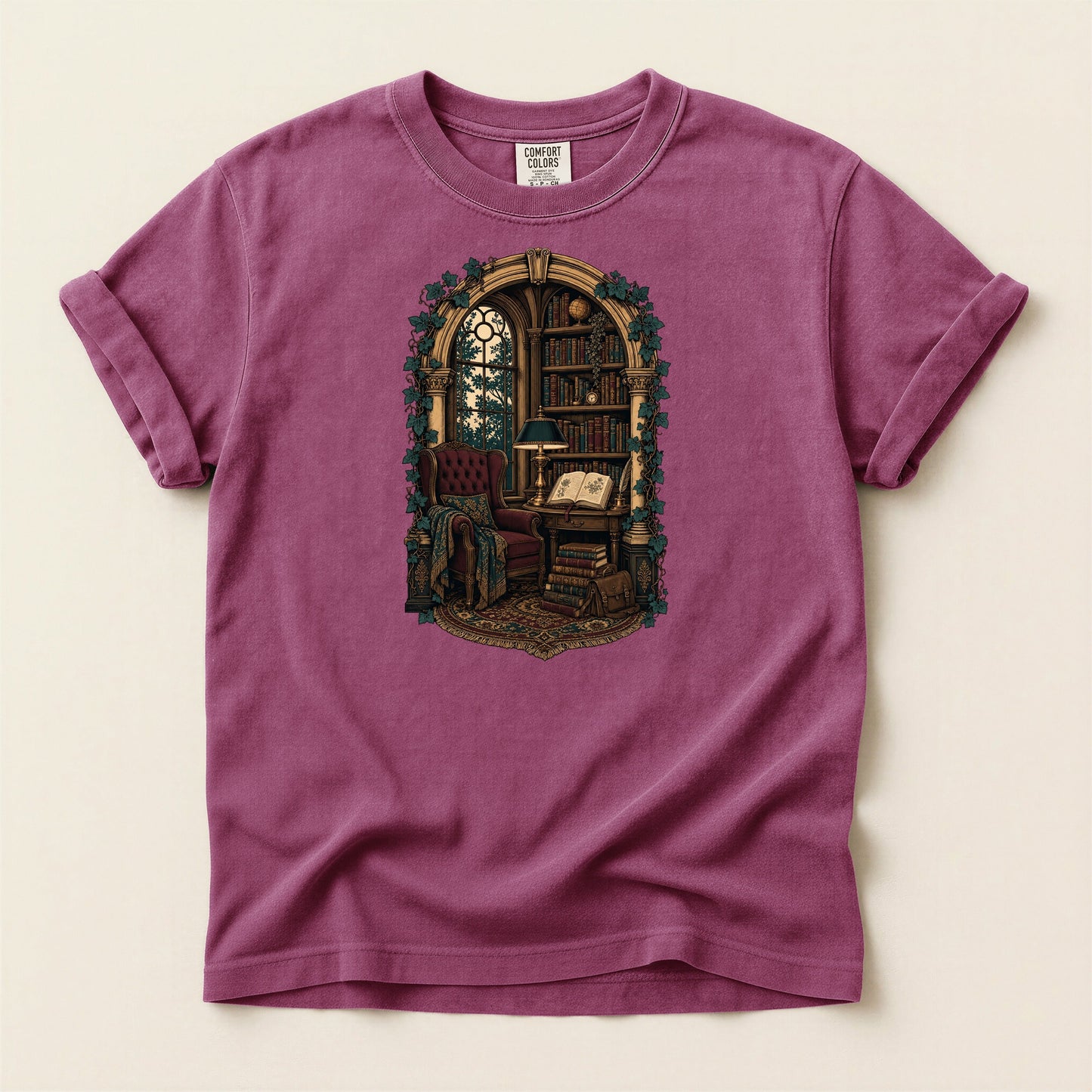The Reading Room bookish tee in Berry, full flat