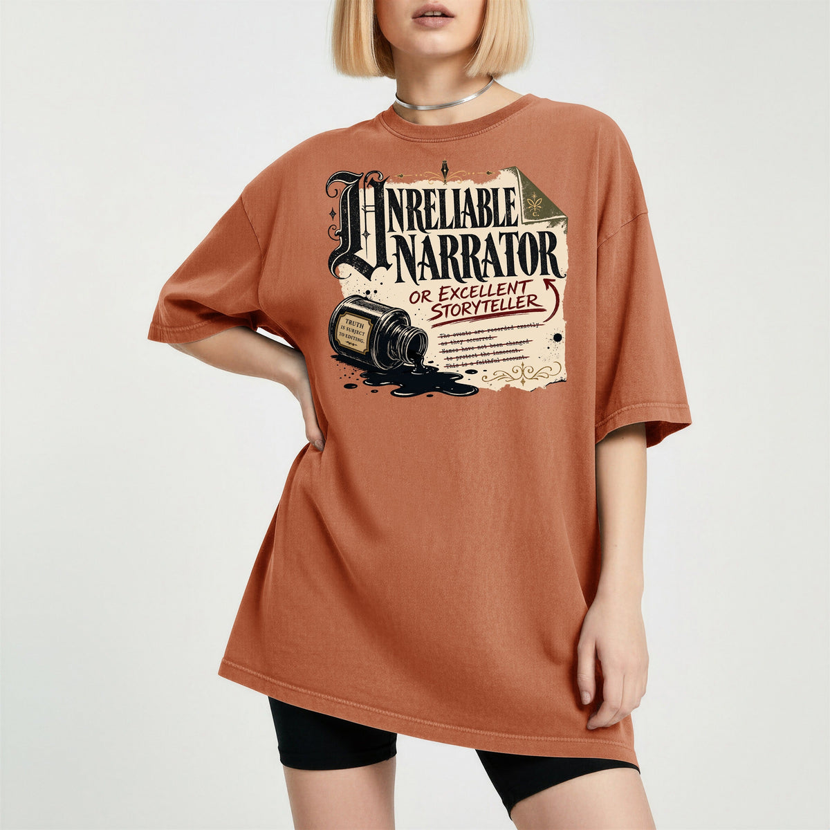 Shelf Love Studio Unreliable Narrator t-shirt in Yam, worn