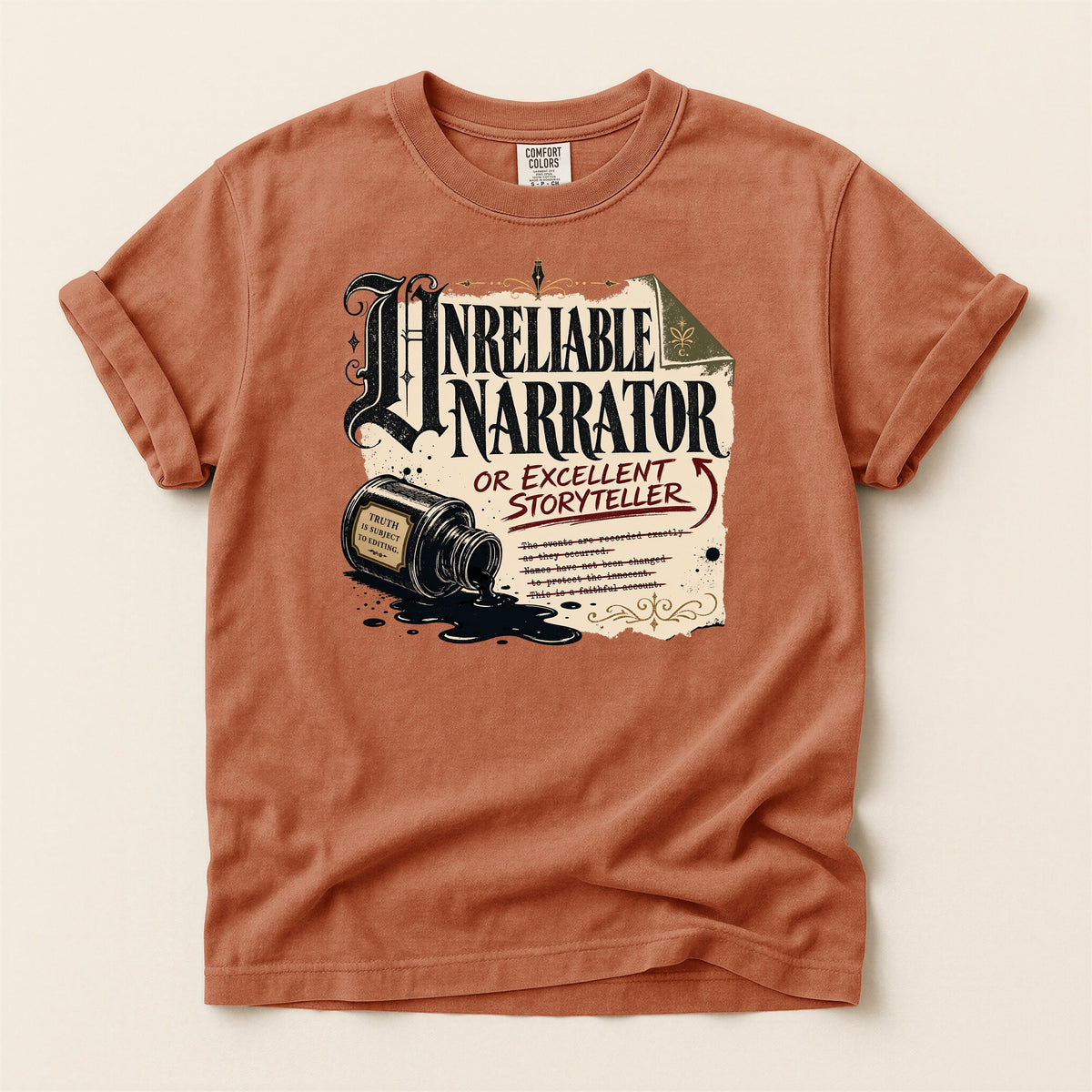 Shelf Love Studio Unreliable Narrator t-shirt in Yam, flat