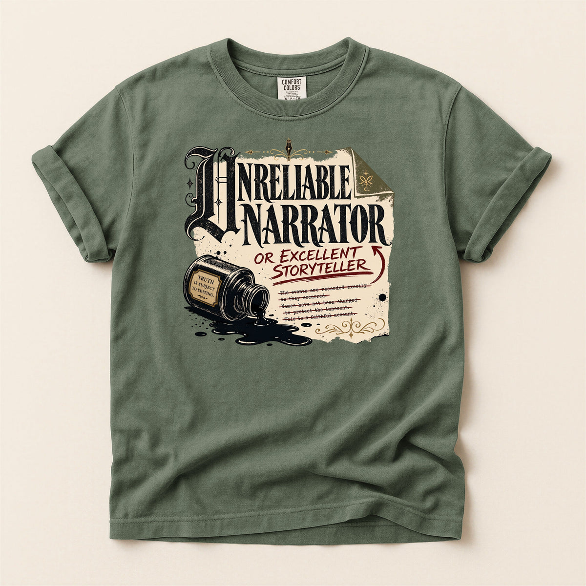 Shelf Love Studio Unreliable Narrator t-shirt in Moss, flat