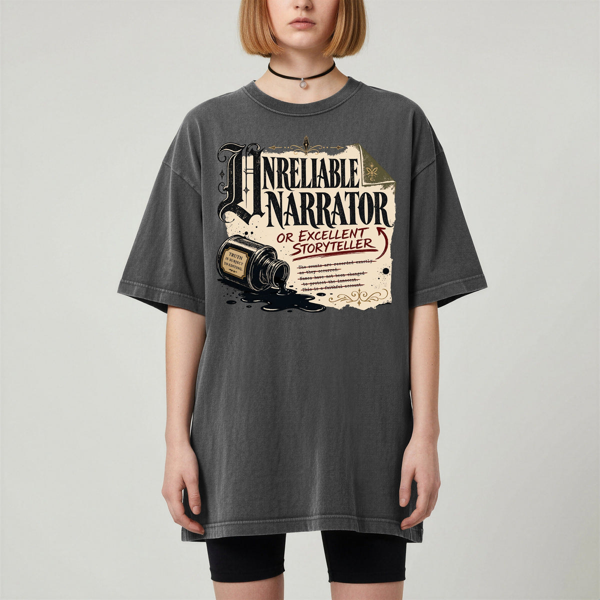 Shelf Love Studio Unreliable Narrator t-shirt in Pepper, worn