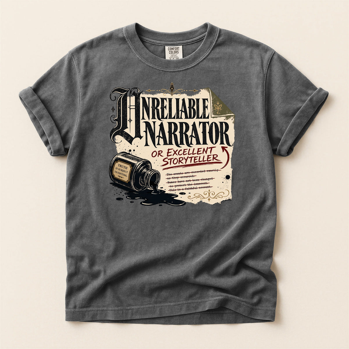 Shelf Love Studio Unreliable Narrator t-shirt in Pepper, flat