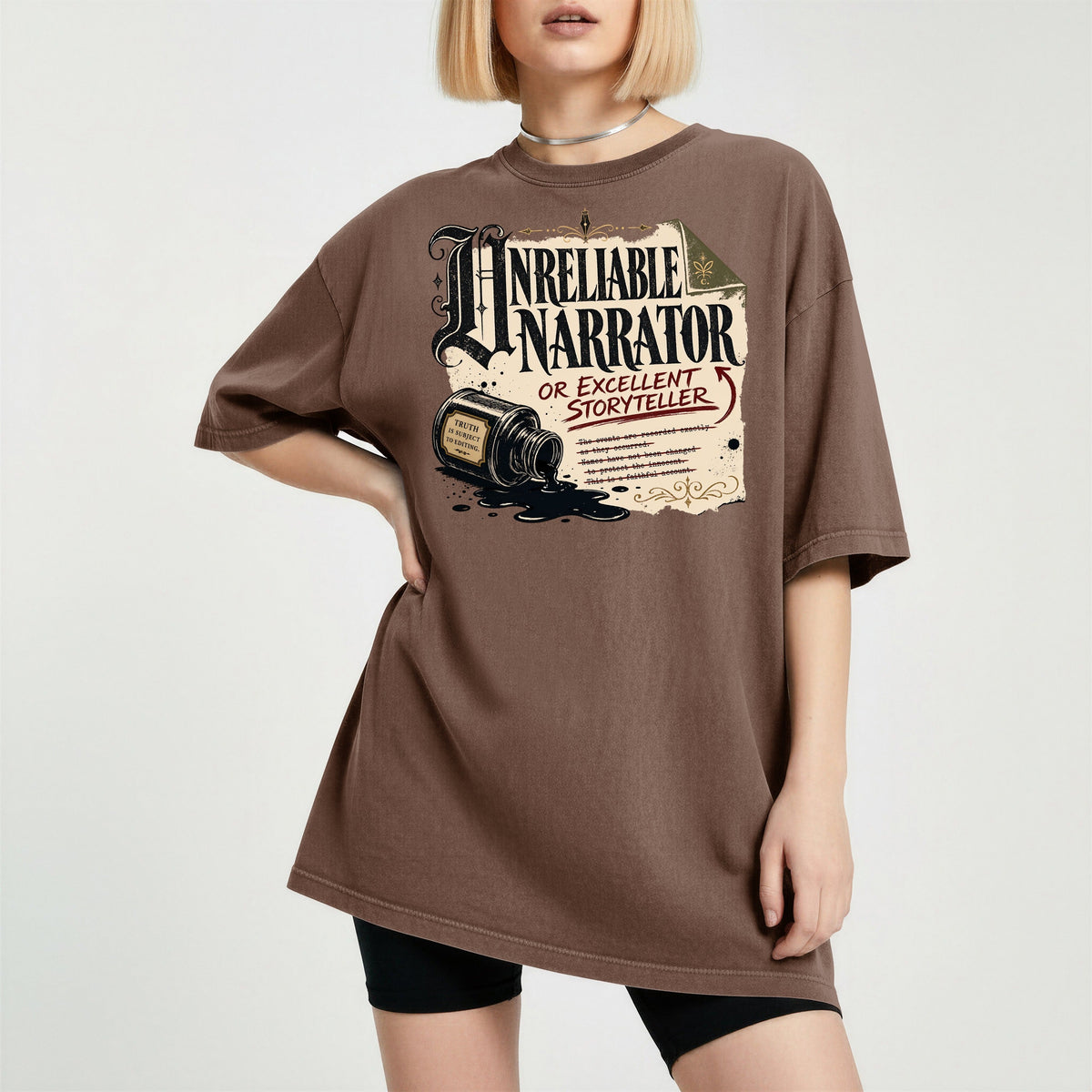Shelf Love Studio Unreliable Narrator t-shirt in Espresso, worn