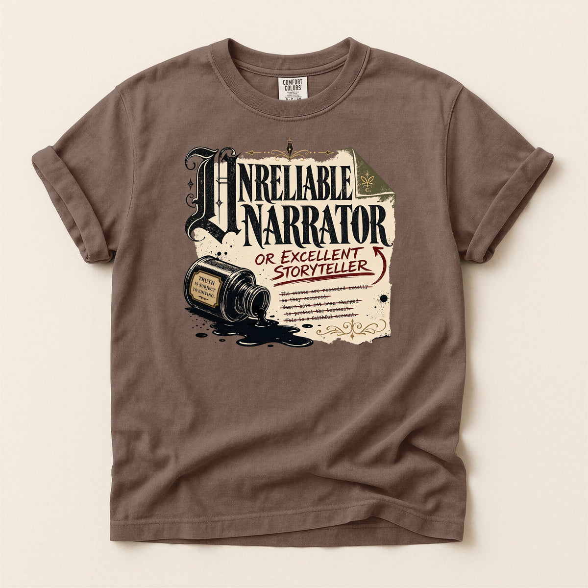 Shelf Love Studio Unreliable Narrator t-shirt in Espresso, flat