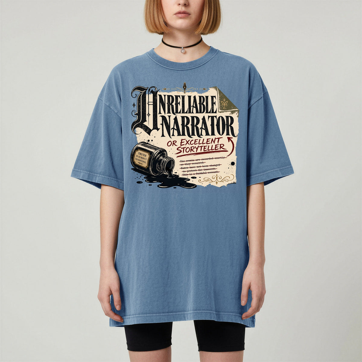 Shelf Love Studio Unreliable Narrator t-shirt in Blue Jean, worn