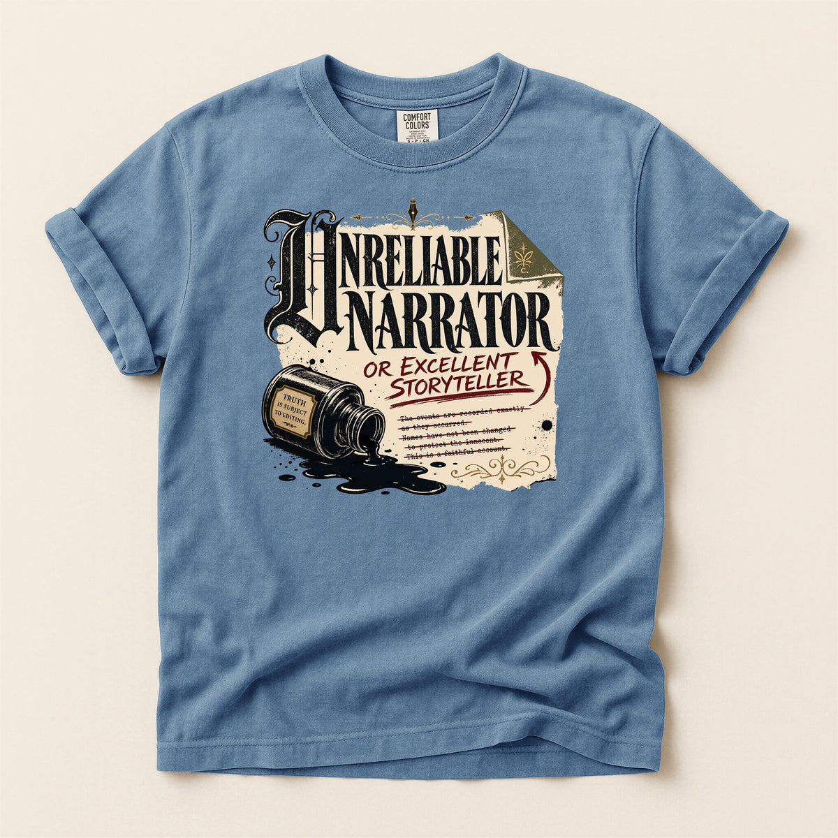 Shelf Love Studio Unreliable Narrator t-shirt in Blue Jean, flat