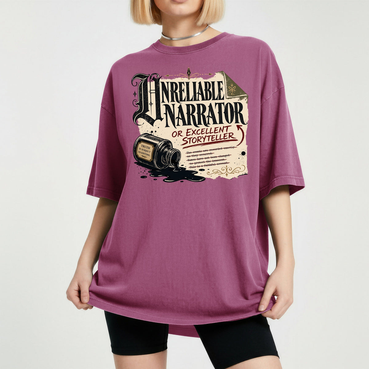 Shelf Love Studio Unreliable Narrator t-shirt in Berry, worn