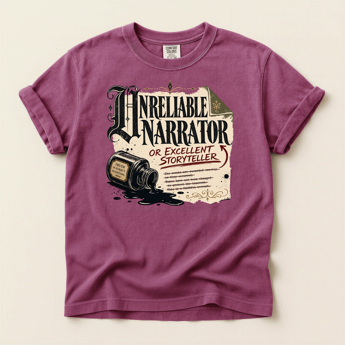 Shelf Love Studio Unreliable Narrator t-shirt in Berry, flat