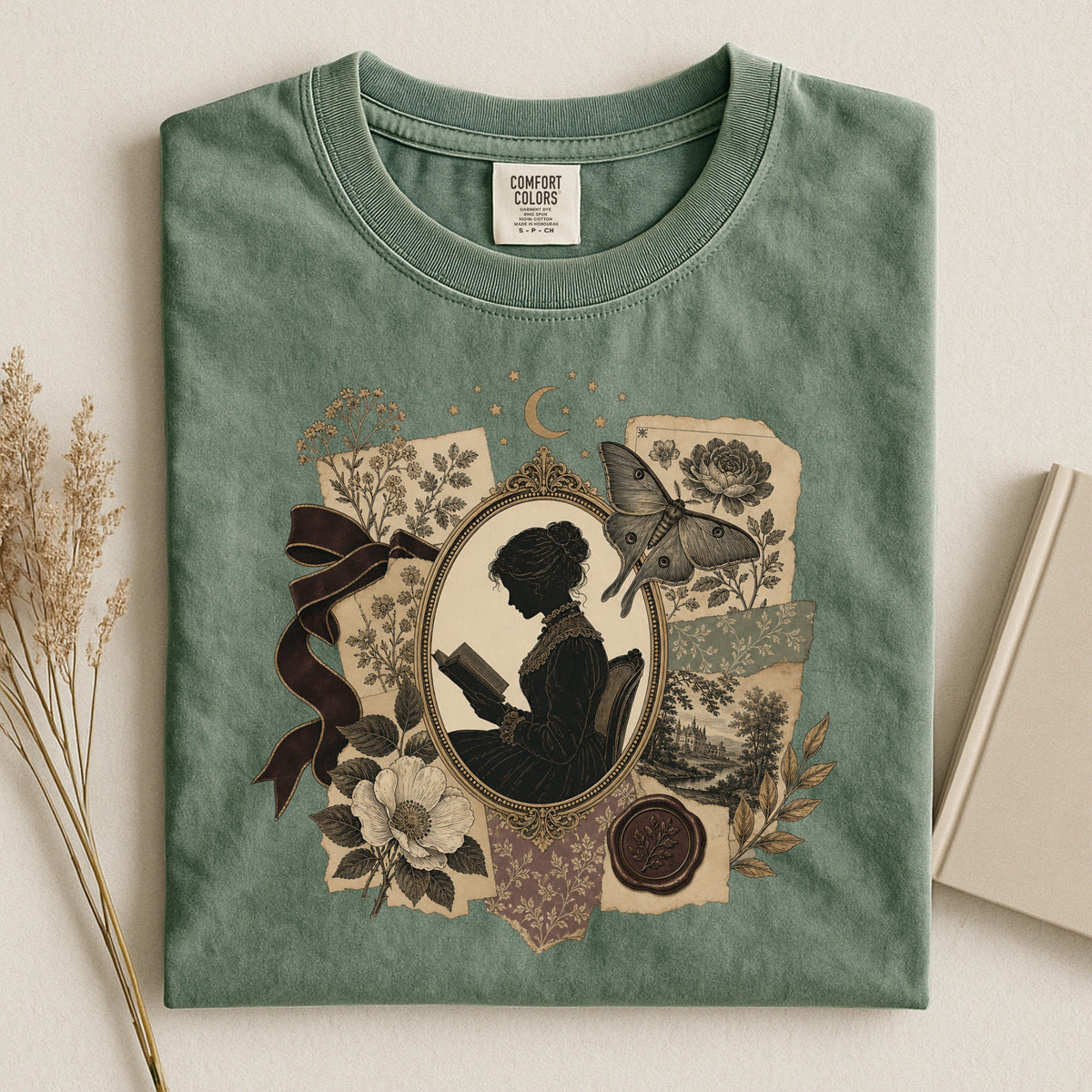 Shelf Love Studio Victorian Woman Reading t-shirt in Moss, styled flat lay