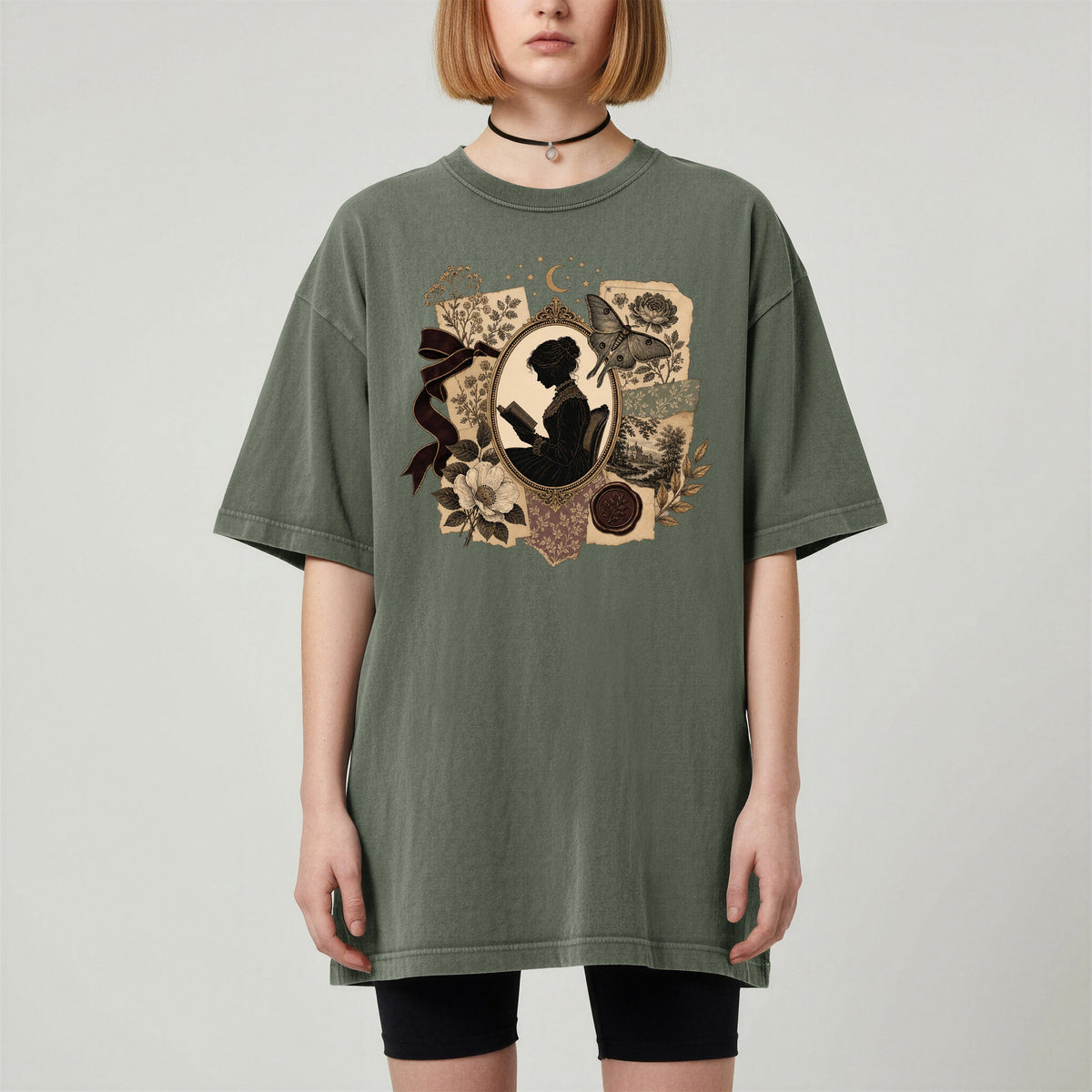 Shelf Love Studio Victorian Woman Reading t-shirt in Moss, worn