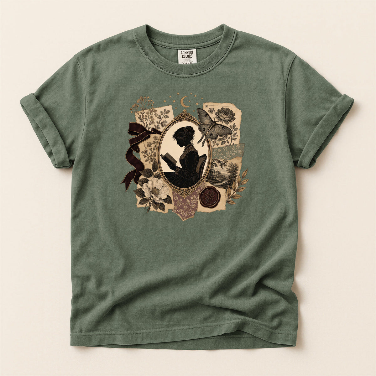 Shelf Love Studio Victorian Woman Reading t-shirt in Moss, flat