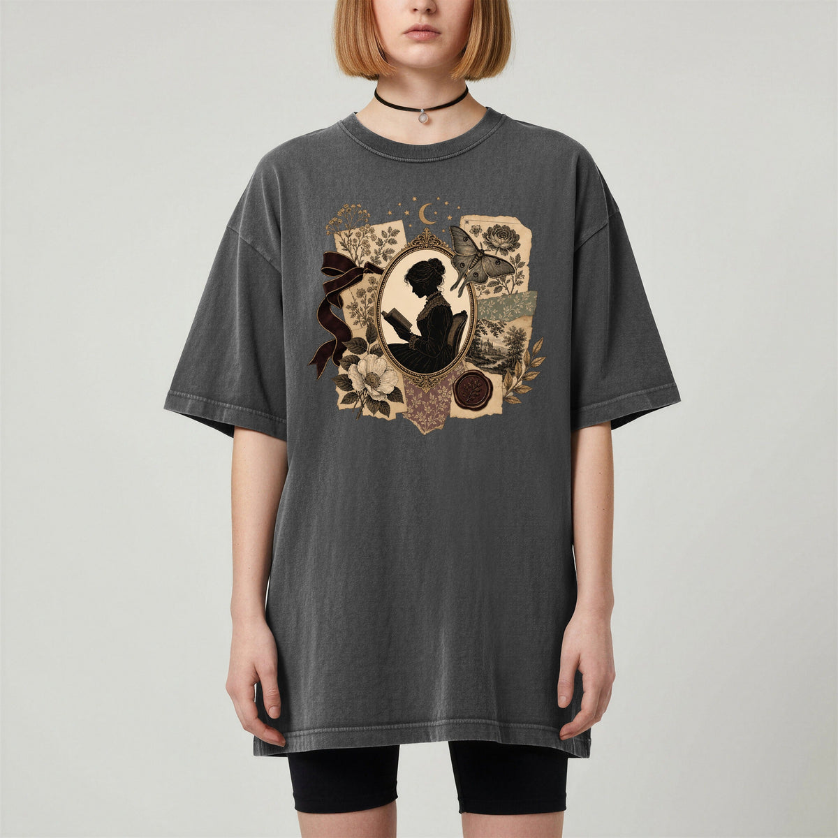 Shelf Love Studio Victorian Woman Reading t-shirt in Pepper, worn