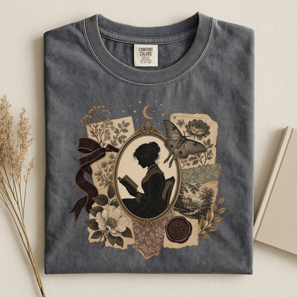 Shelf Love Studio Victorian Woman Reading t-shirt in Pepper, styled flat lay