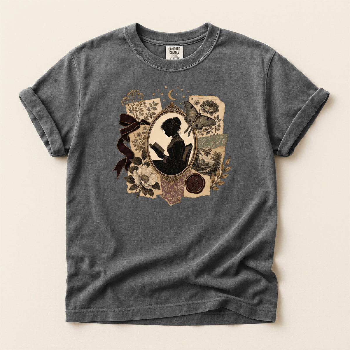 Shelf Love Studio Victorian Woman Reading t-shirt in Pepper, flat