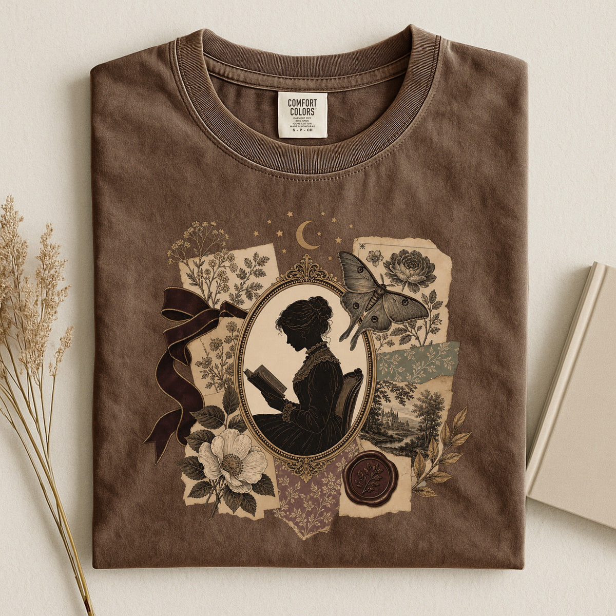 Shelf Love Studio Victorian Woman Reading t-shirt in Espresso, styled flat lay
