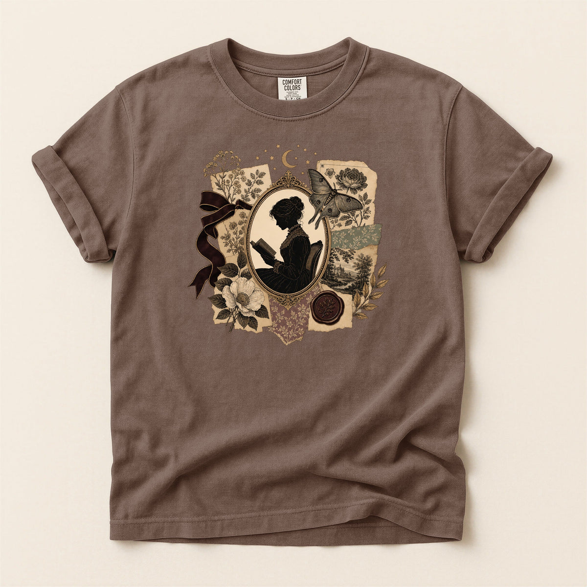 Shelf Love Studio Victorian Woman Reading t-shirt in Espresso, flat