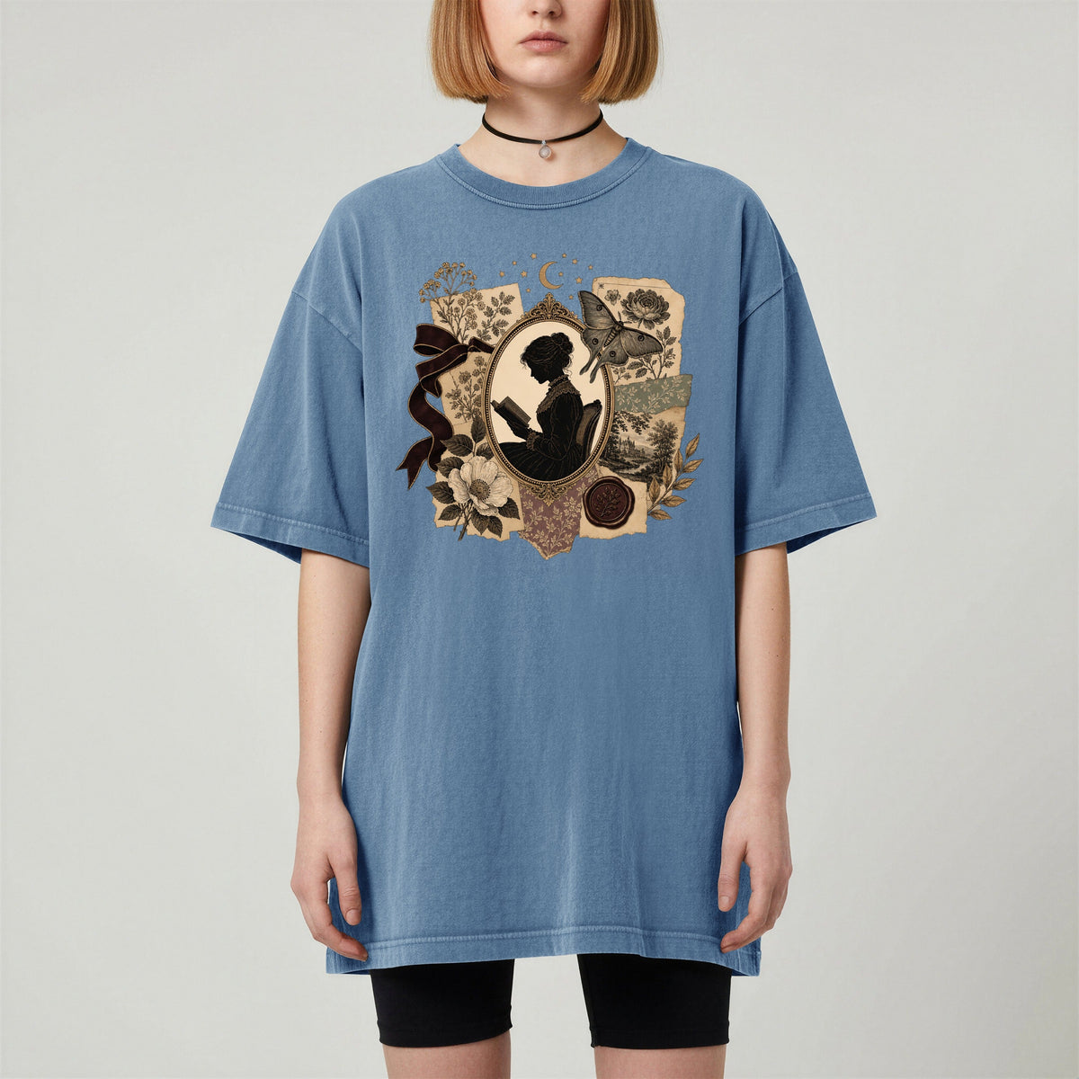 Shelf Love Studio Victorian Woman Reading t-shirt in Blue Jean, worn