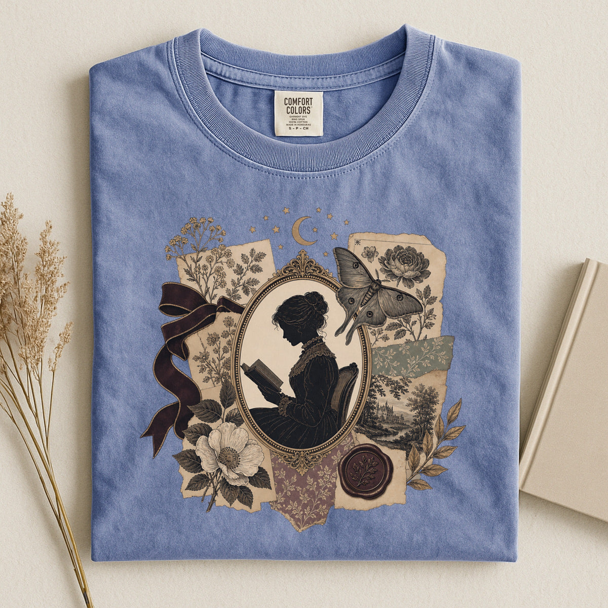 Shelf Love Studio Victorian Woman Reading t-shirt in Blue Jean, styled flat lay