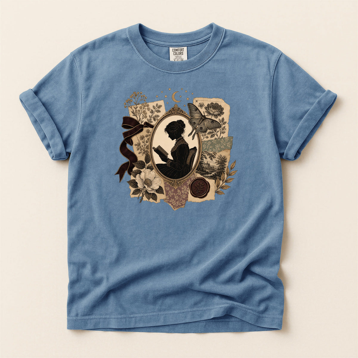Shelf Love Studio Victorian Woman Reading t-shirt in Blue Jean, flat