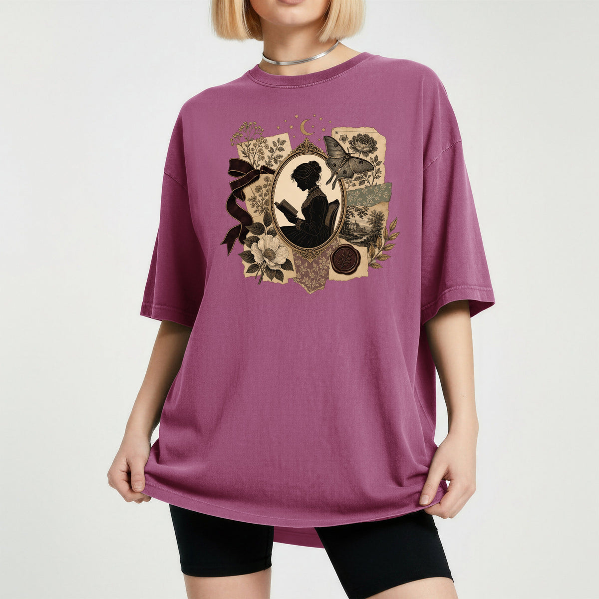 Shelf Love Studio Victorian Woman Reading t-shirt in Berry, worn