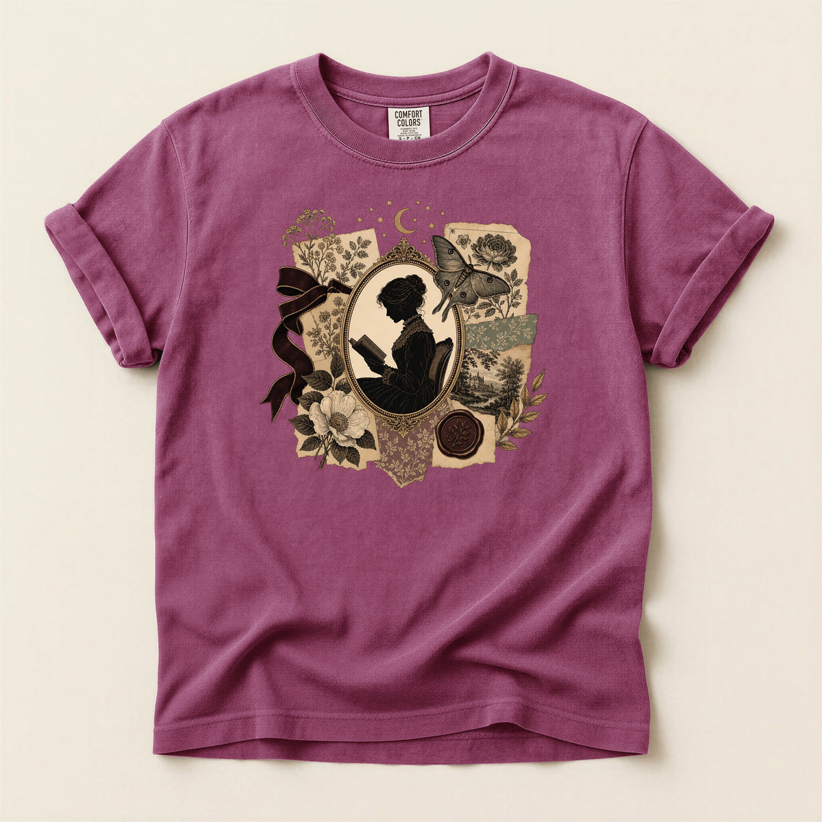 Shelf Love Studio Victorian Woman Reading t-shirt in Berry, flat