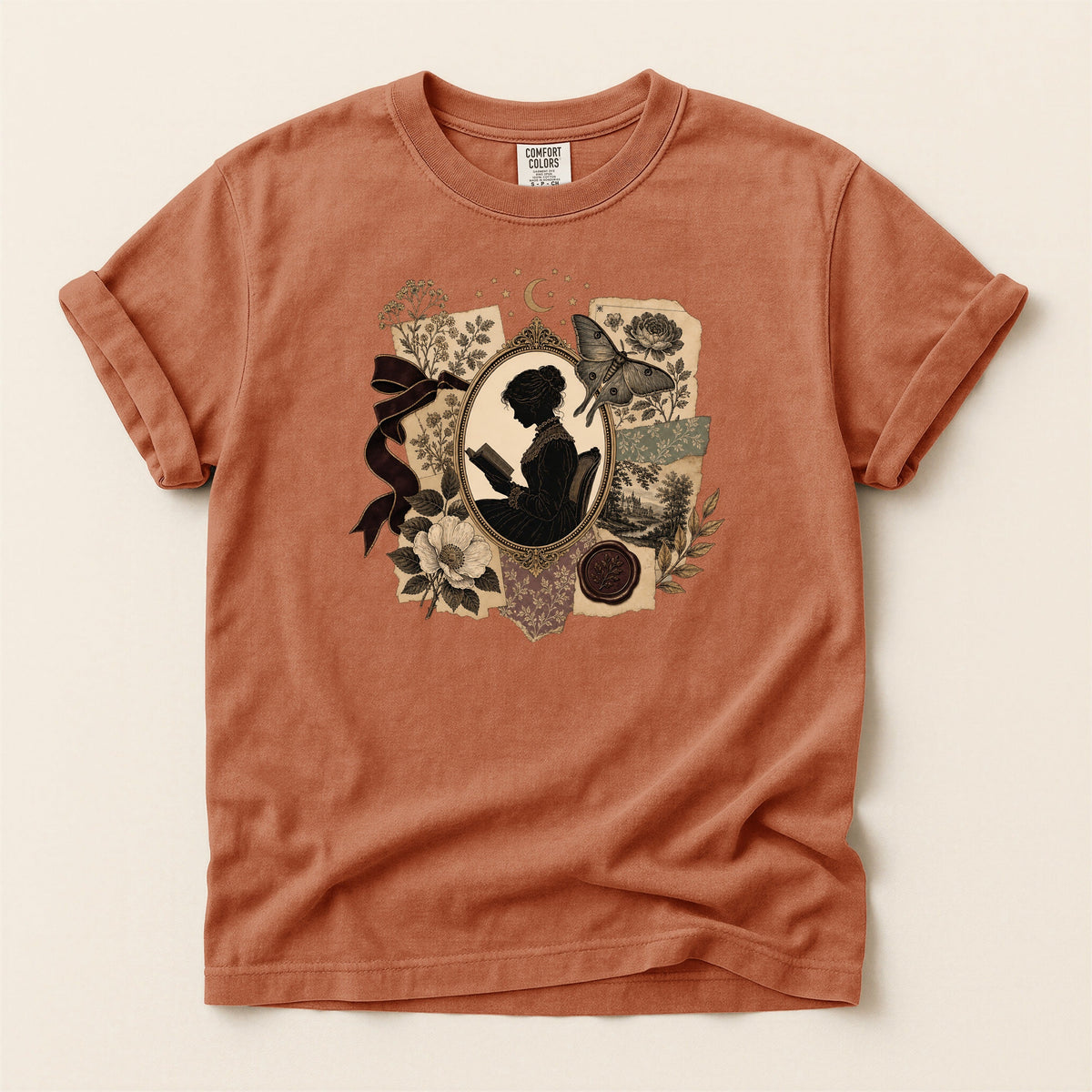 Shelf Love Studio Victorian Woman Reading t-shirt in Yam, flat