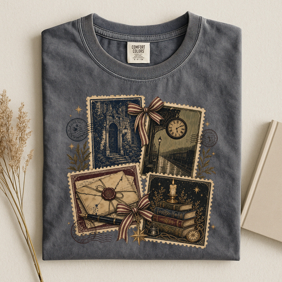 Shelf Love Studio Vintage Mystery Ephemera t-shirt in Pepper, styled flat lay