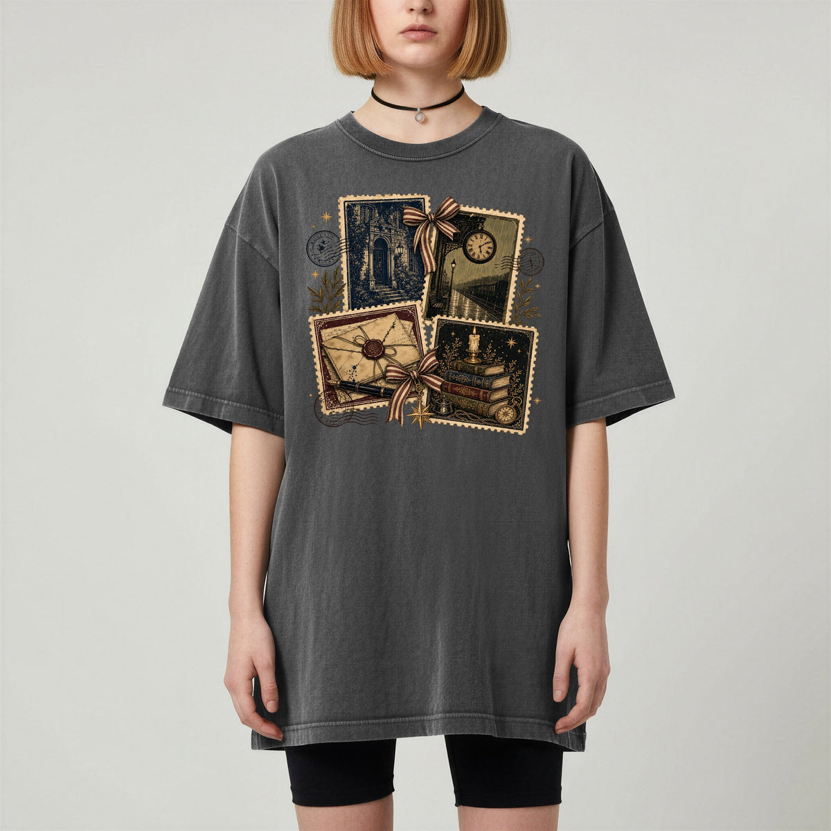 Shelf Love Studio Vintage Mystery Ephemera t-shirt in Pepper, worn
