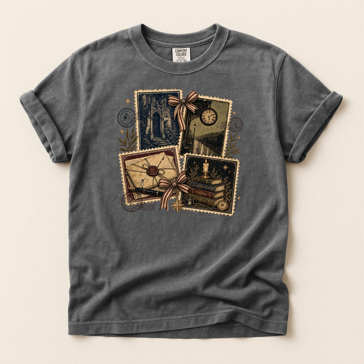 Shelf Love Studio Vintage Mystery Ephemera t-shirt in Pepper, flat
