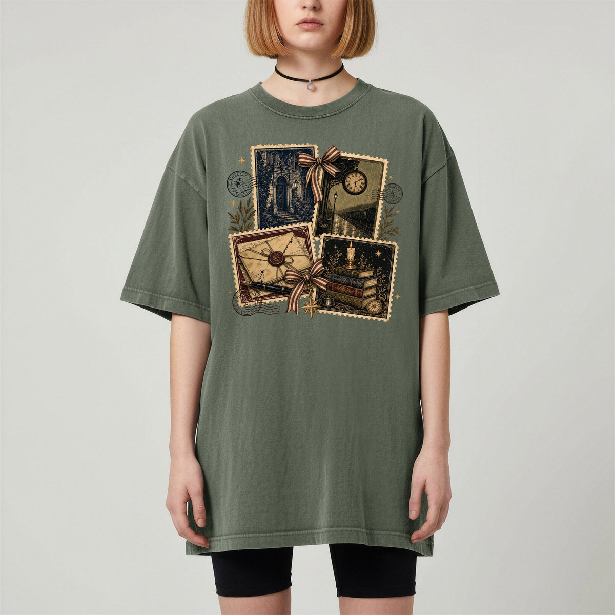 Shelf Love Studio Vintage Mystery Ephemera t-shirt in Moss, worn