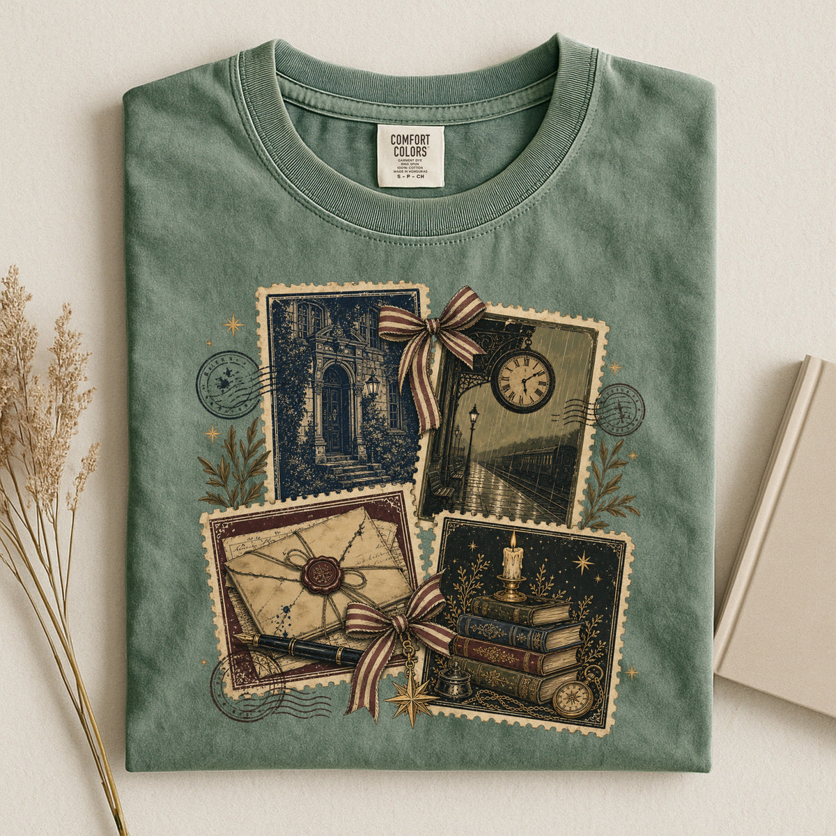 Shelf Love Studio Vintage Mystery Ephemera t-shirt in Moss, styled flat lay