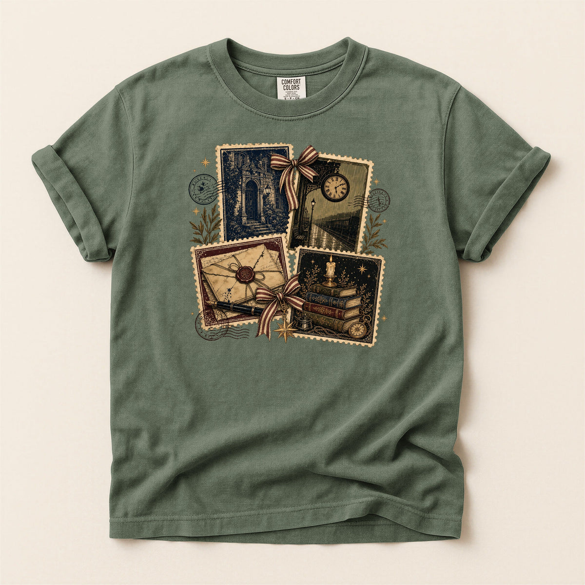 Shelf Love Studio Vintage Mystery Ephemera t-shirt in Moss, flat