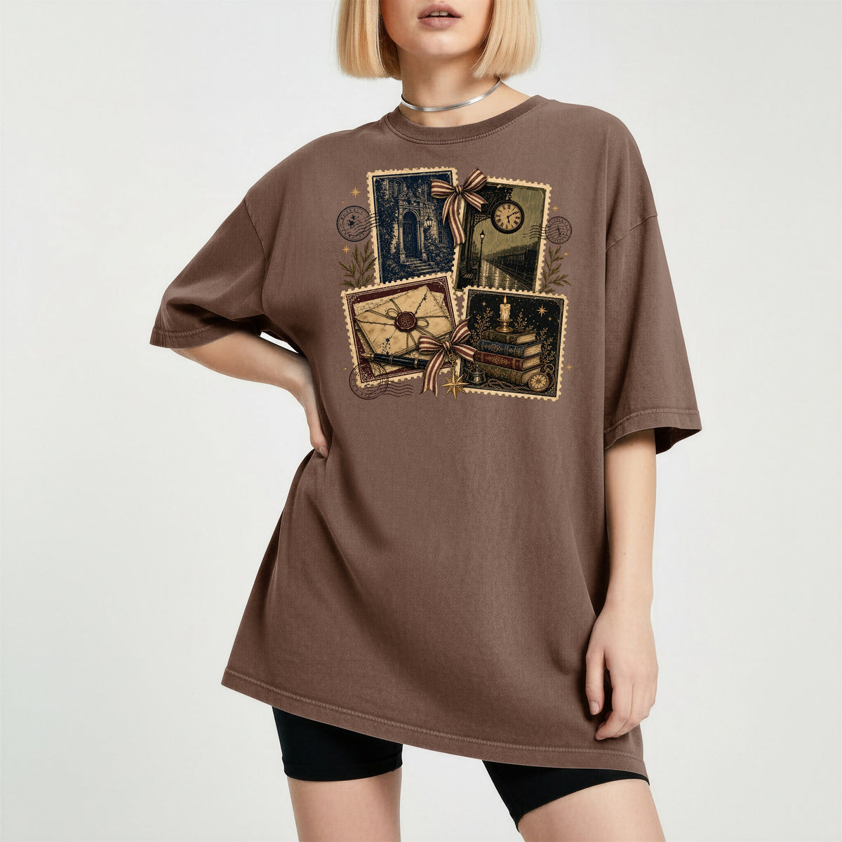 Shelf Love Studio Vintage Mystery Ephemera t-shirt in Espresso, worn