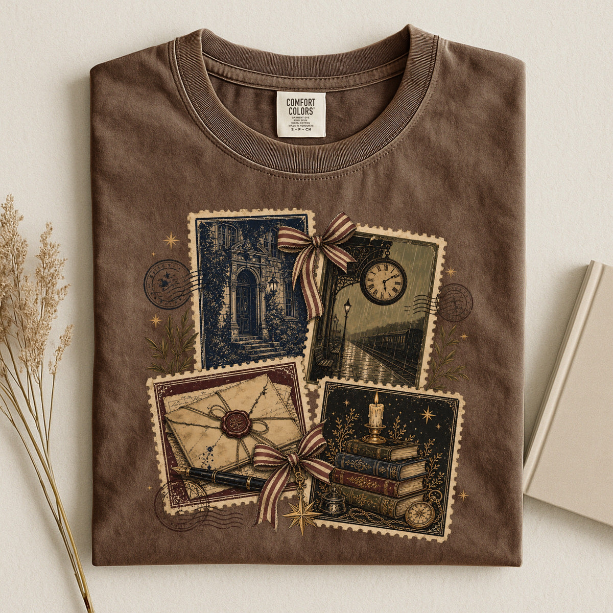 Shelf Love Studio Vintage Mystery Ephemera t-shirt in Espresso, styled flat lay