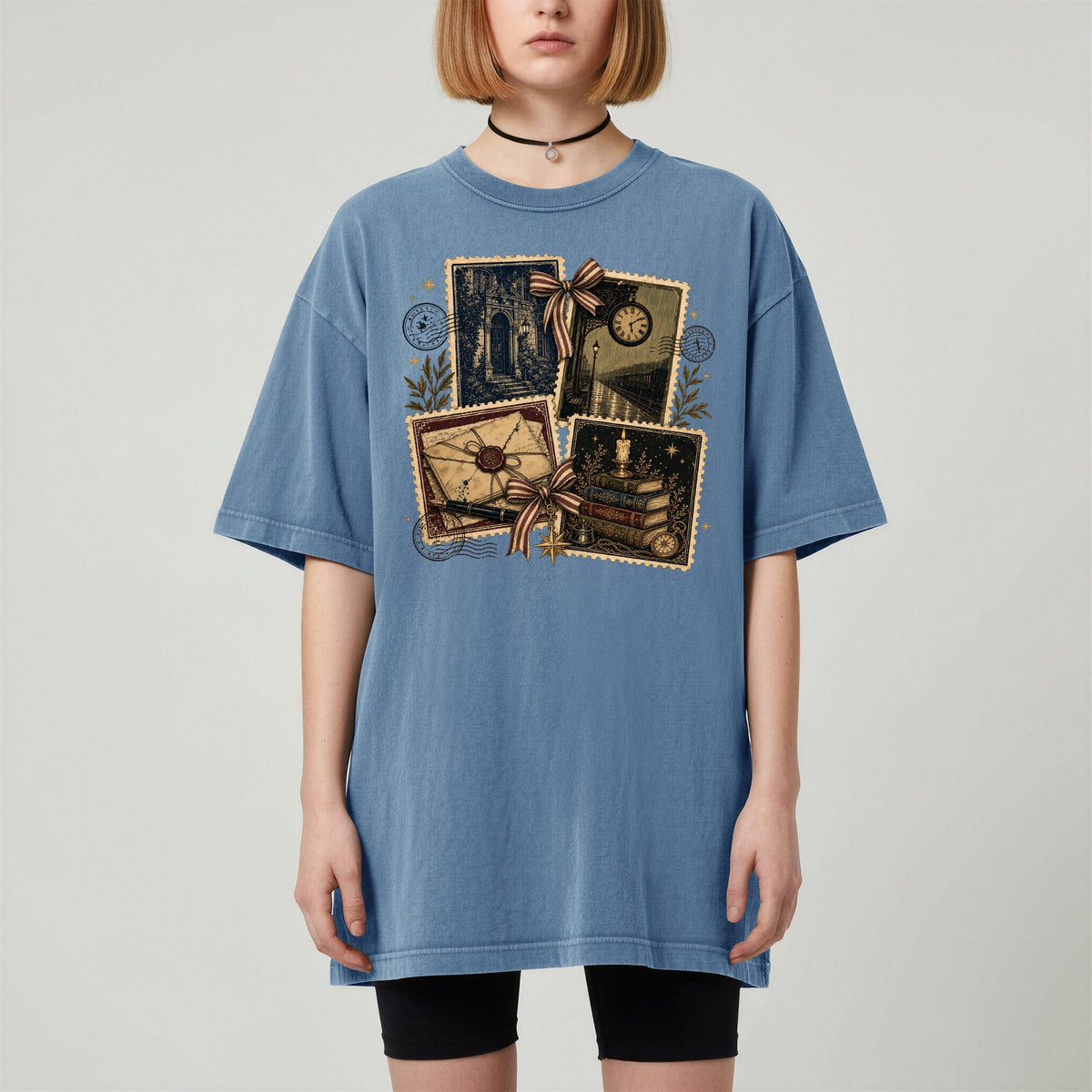 Shelf Love Studio Vintage Mystery Ephemera t-shirt in Blue Jean, worn