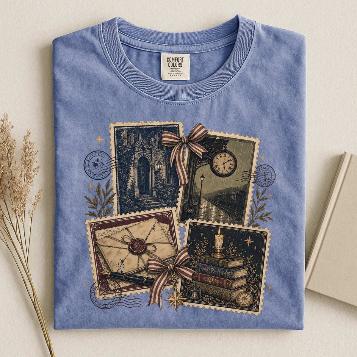 Shelf Love Studio Vintage Mystery Ephemera t-shirt in Blue Jean, styled flat lay