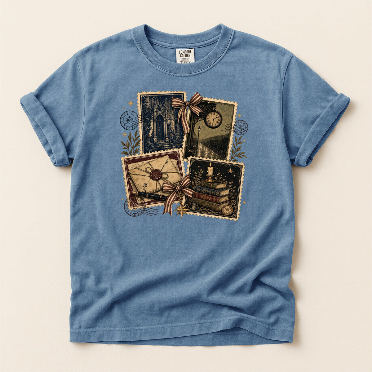 Shelf Love Studio Vintage Mystery Ephemera t-shirt in Blue Jean, flat