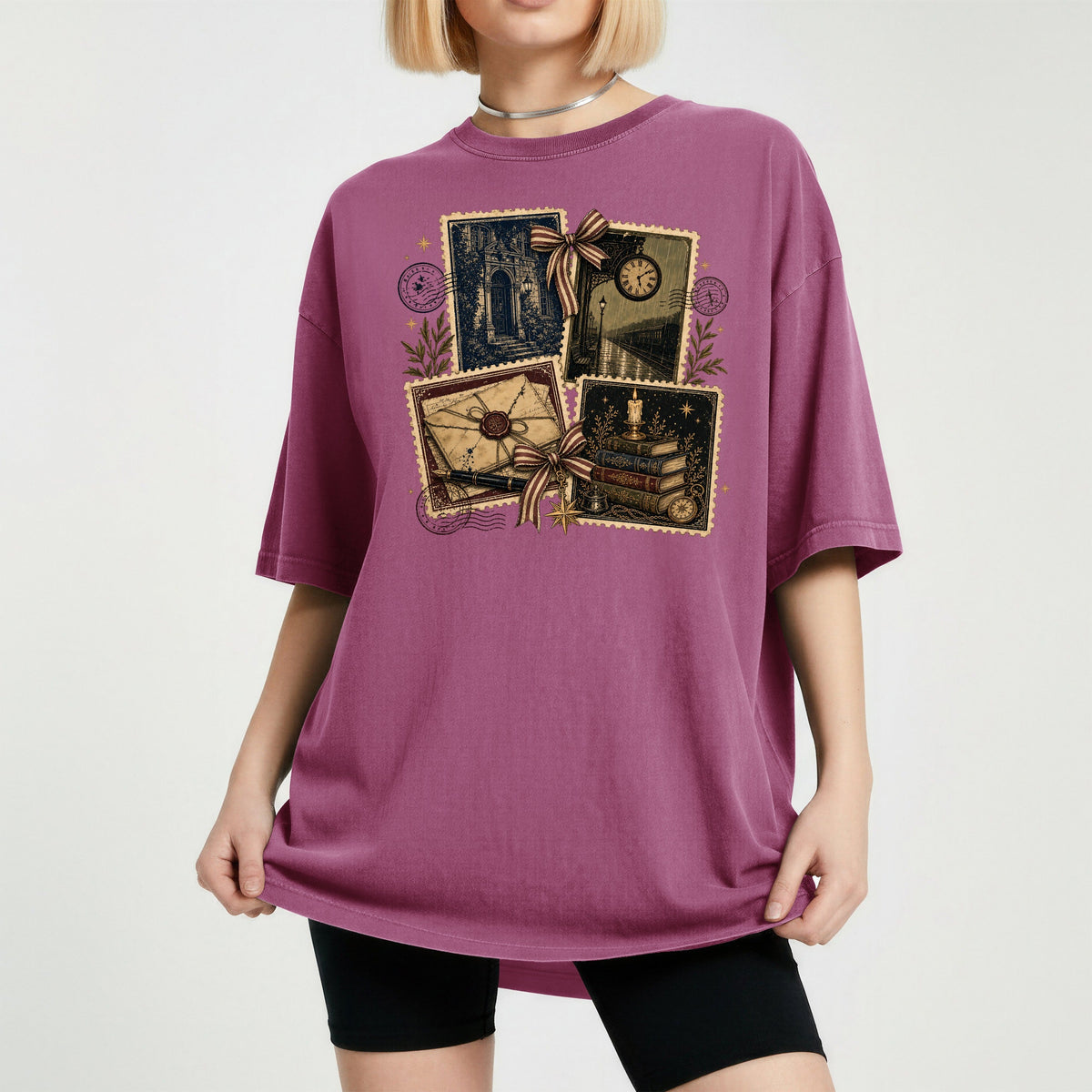 Shelf Love Studio Vintage Mystery Ephemera t-shirt in Berry, worn