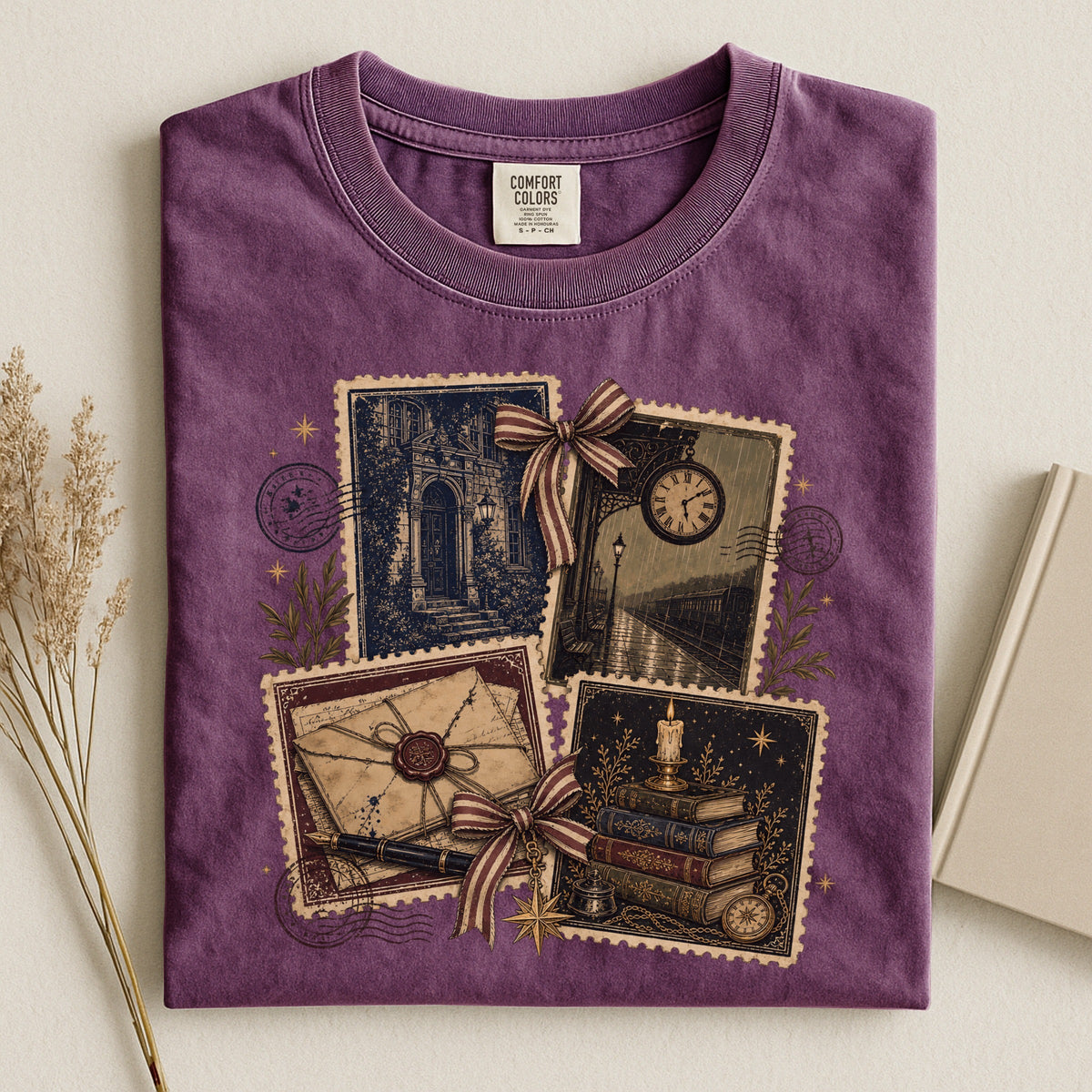 Shelf Love Studio Vintage Mystery Ephemera t-shirt in Berry, styled flat lay