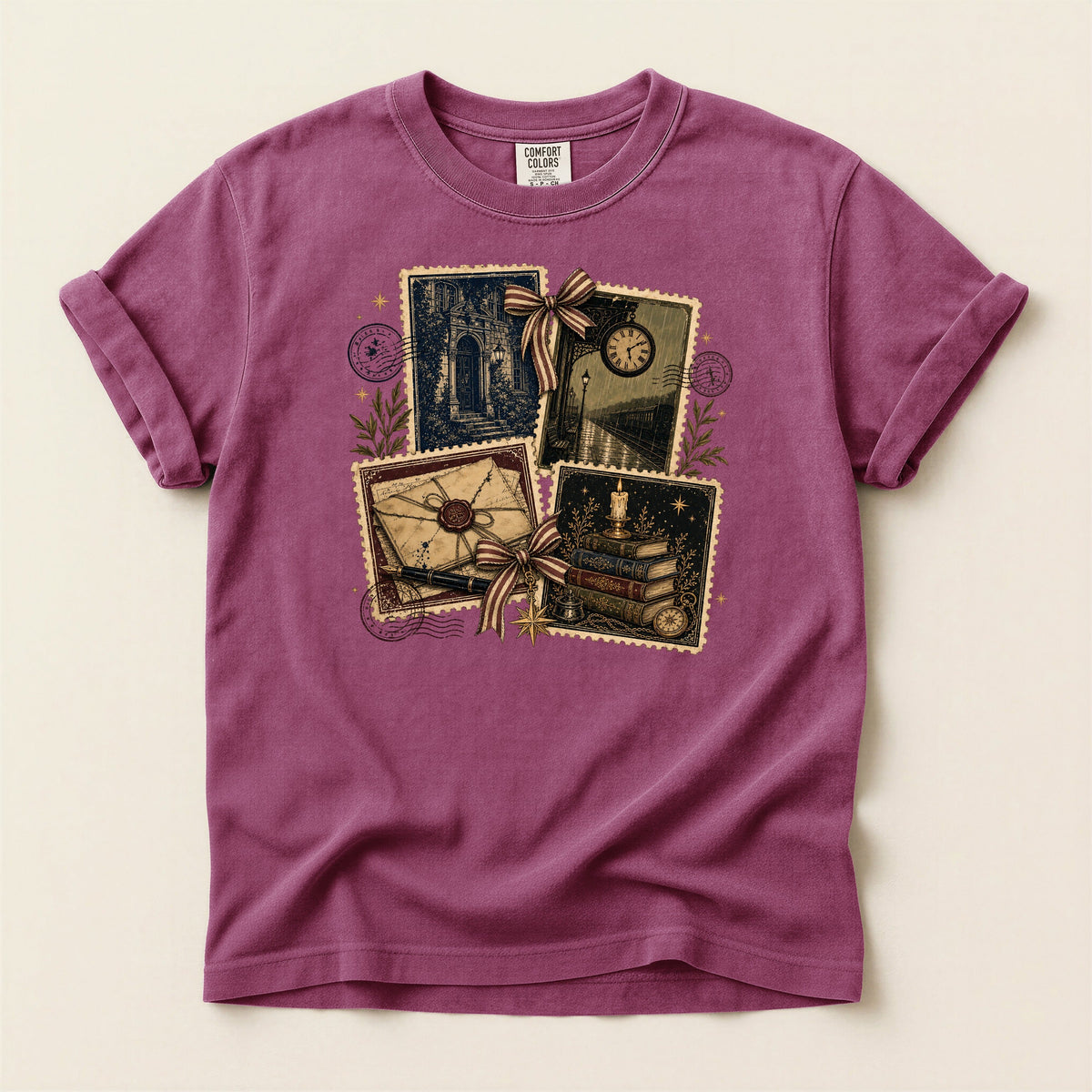Shelf Love Studio Vintage Mystery Ephemera t-shirt in Berry, flat