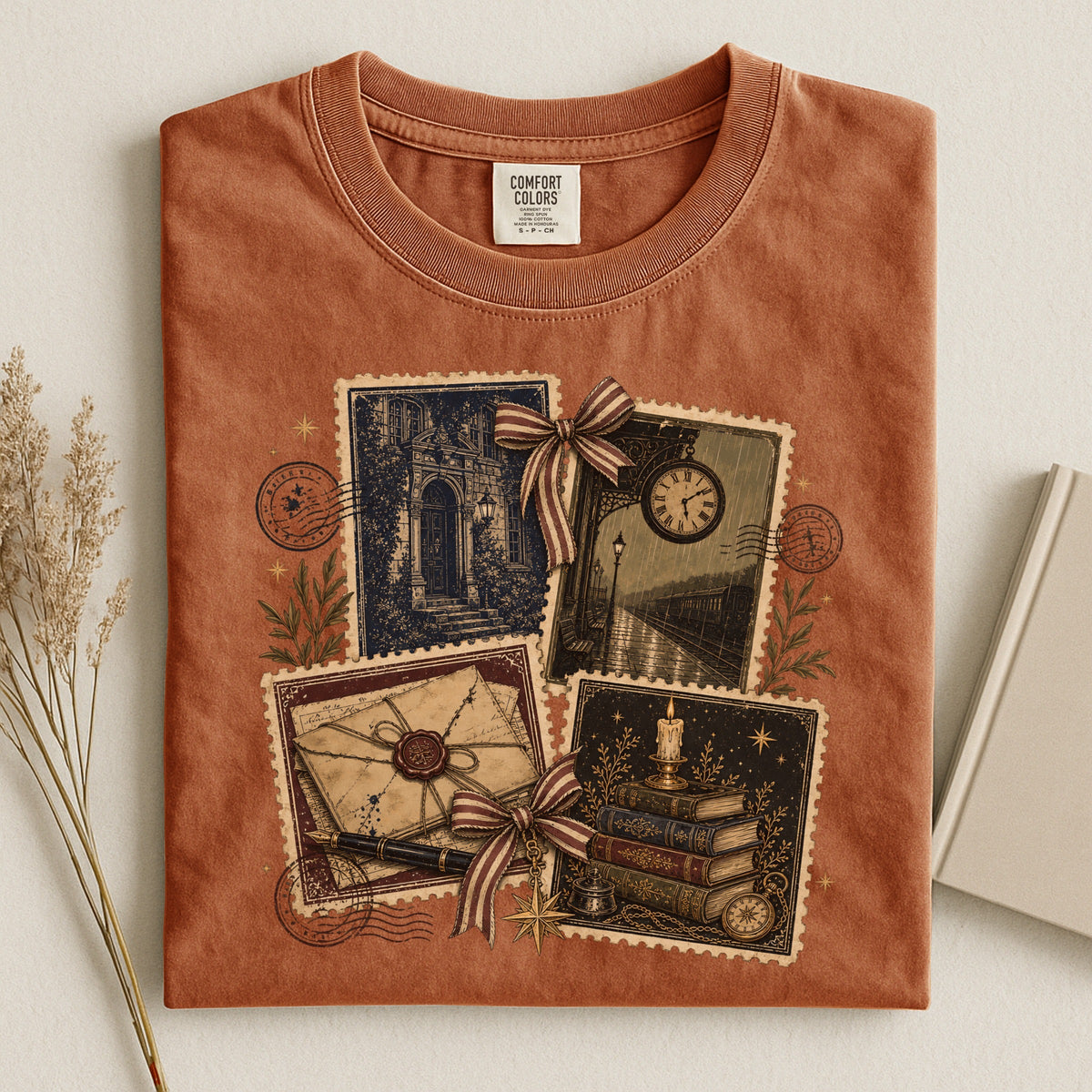 Shelf Love Studio Vintage Mystery Ephemera t-shirt in Yam, styled flat lay