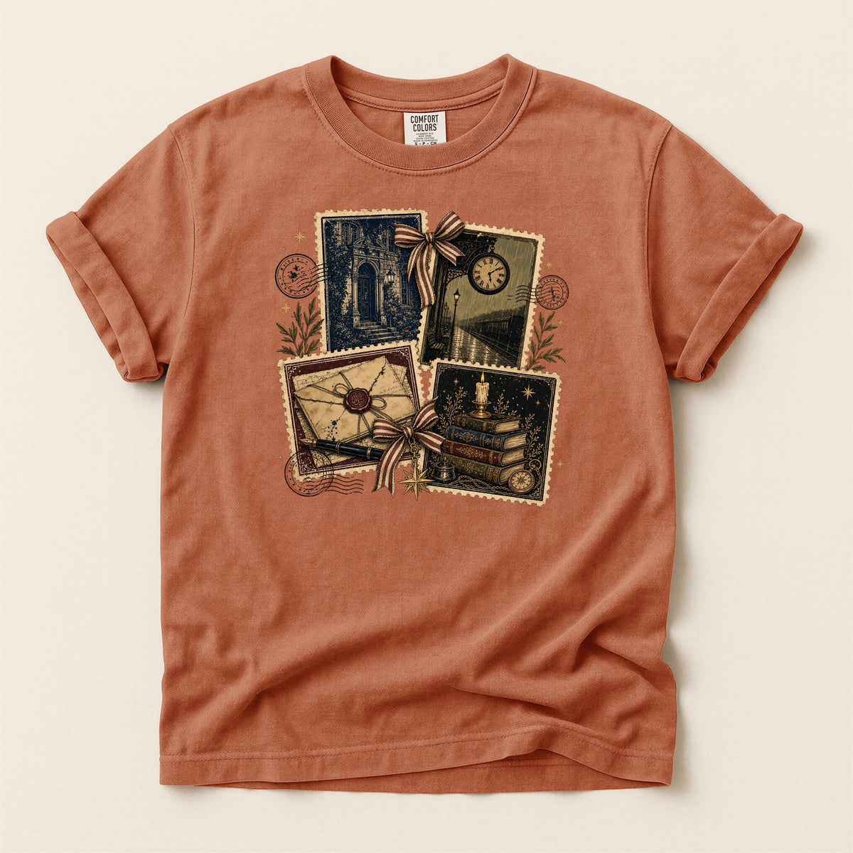 Shelf Love Studio Vintage Mystery Ephemera t-shirt in Yam, flat