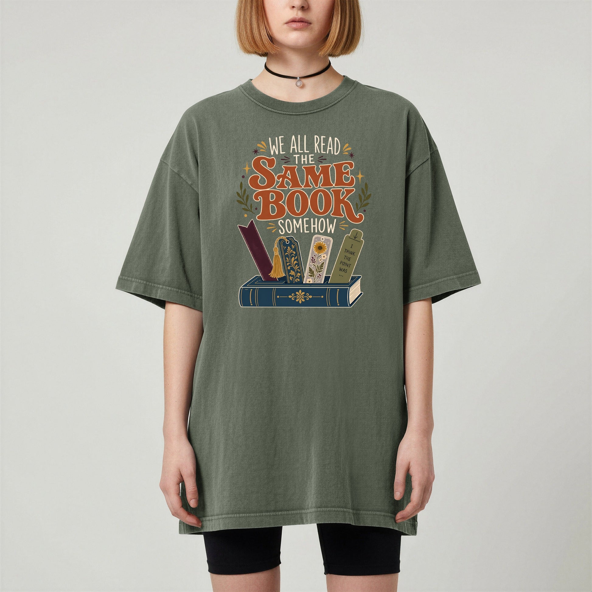 We All Read the Same Book Somehow bookish tee in Moss, worn