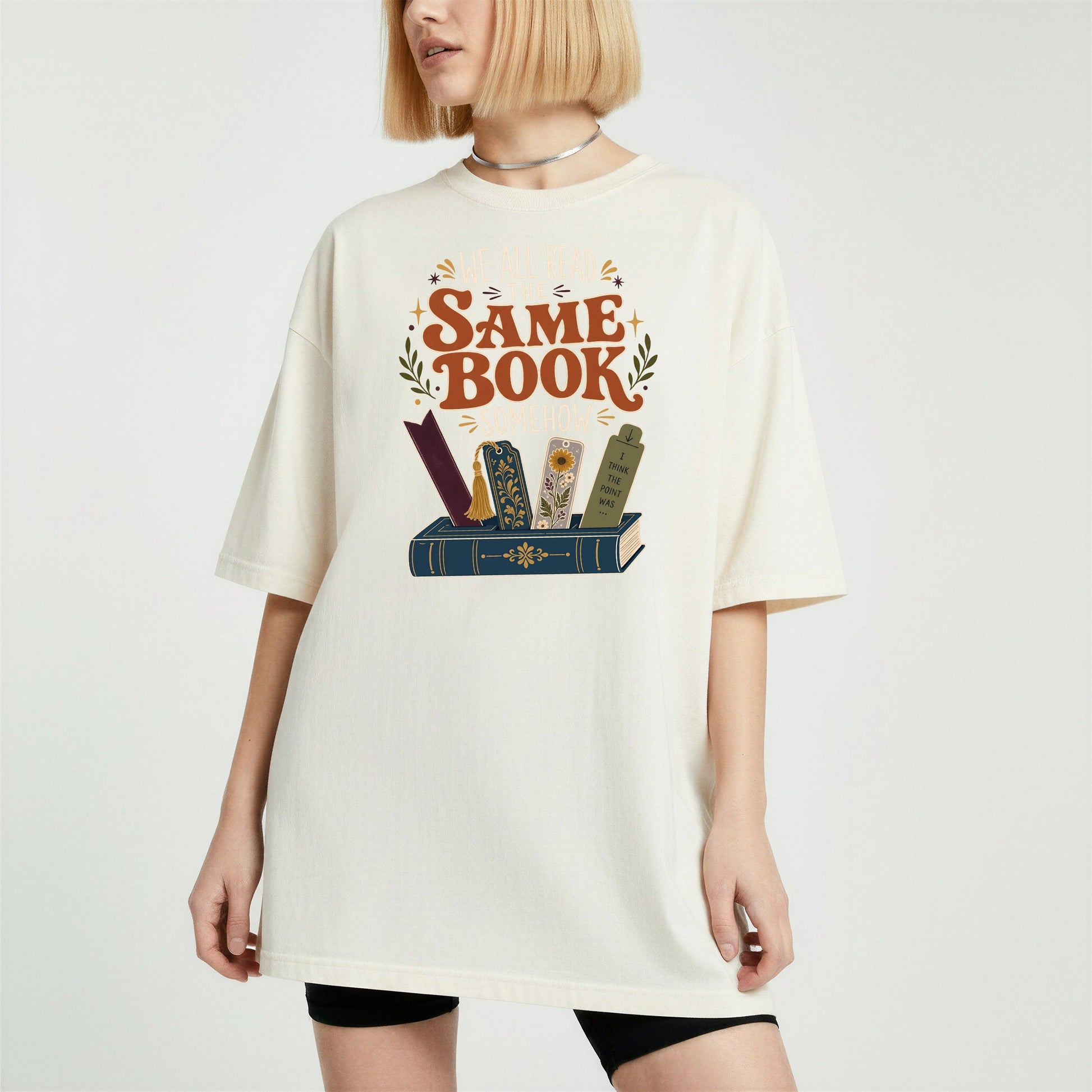 We All Read the Same Book Somehow bookish tee in Ivory, worn