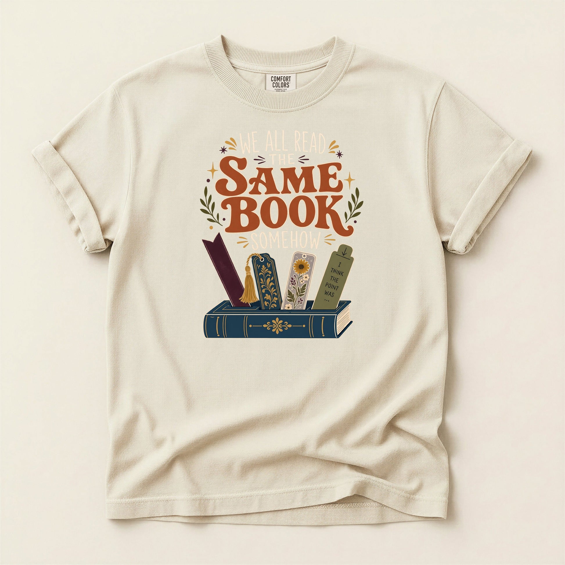 We All Read the Same Book Somehow bookish tee in Ivory, full flat