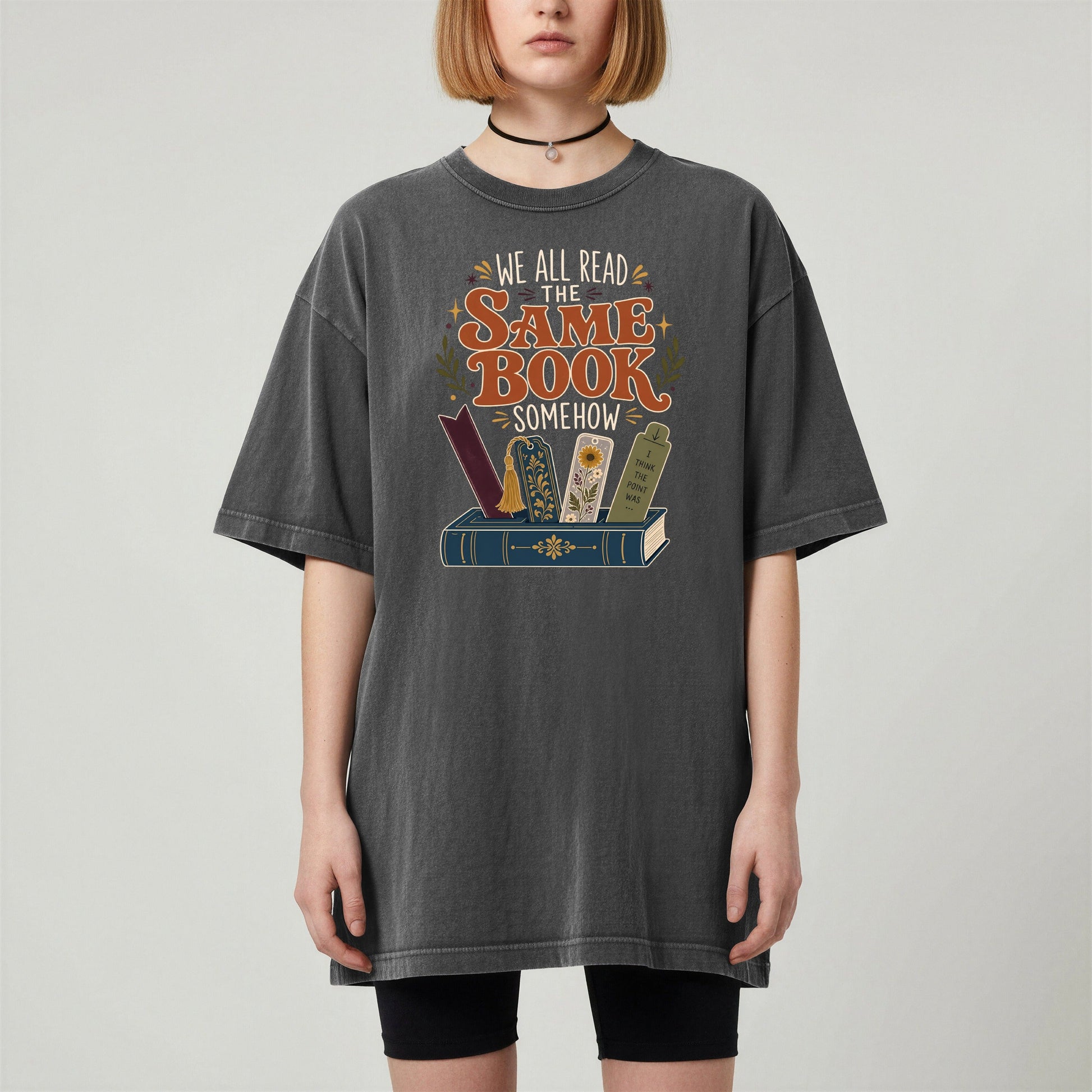 We All Read the Same Book Somehow bookish tee in Pepper, worn